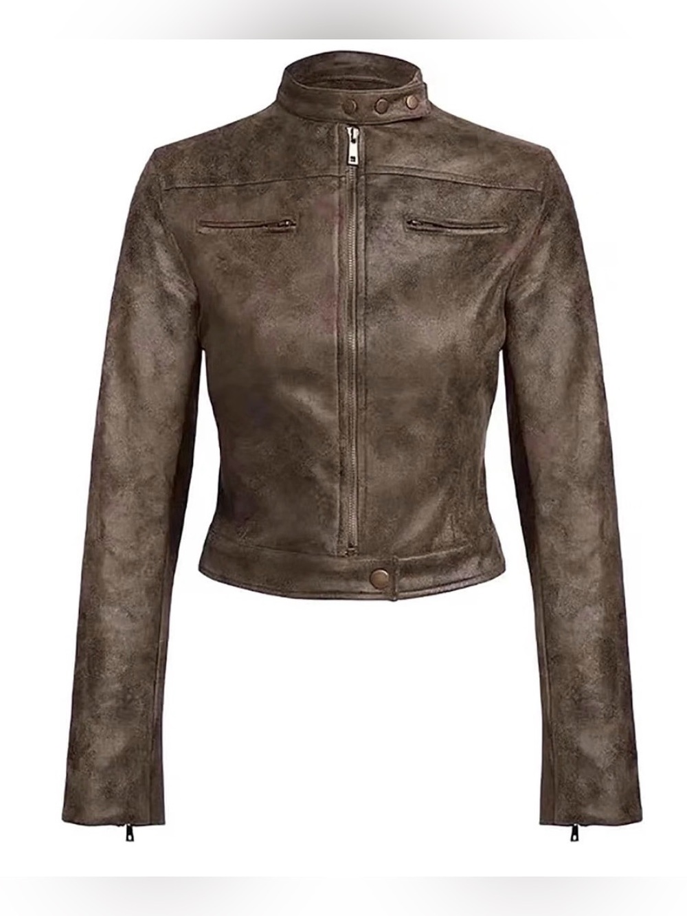 Women's Distressed Brown Moto Jacket - Classic Cropped Style